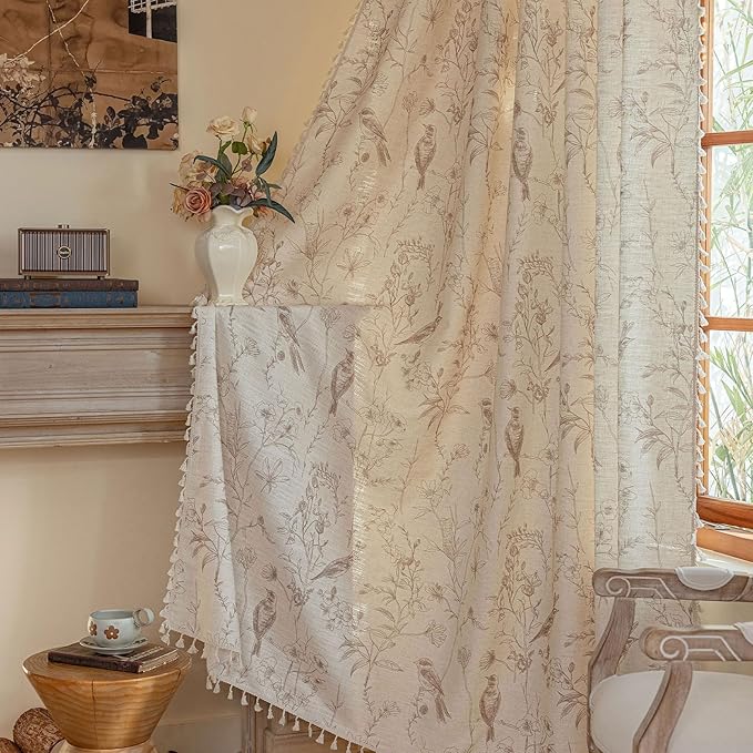 OYX Boho Bird Floral Curtains 84 Inch, Linen Farmhouse Botanical Drapes with Tassels, Light Filtering Semi Sheer Curtains for Living Room Bedroom, 2 Panels, Rod Pocket, 52Wx84L