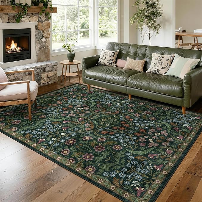 5x7 Washable Area Rug for Living Room, Floral Non-Slip Non-Shedding & Easy Care, Soft Low Pile Forest Boho Indoor Floor Carpet for Living Room, Bedroom, Farmhouse, Dining Room, Kids Playroom, Green