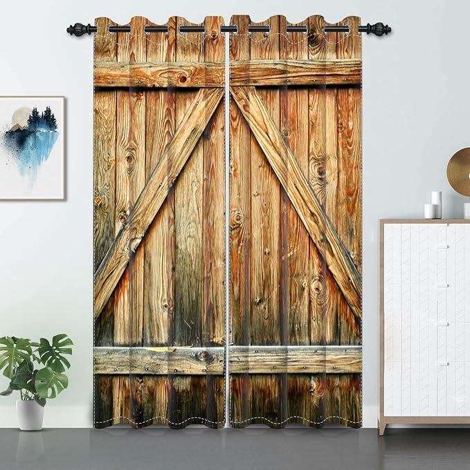 Rustic Vintage Wooden Plank Barn Door Curtains, 42x108 inch, 2 Panels, Farmhouse Kitchen & Living Room Treatments with Grommets