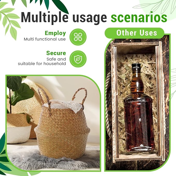 Knitgrip Large Wicker Plant Basket with Handle 10 Inch Woven Seagrass Belly Basket and Artificial Moss for House Plants Picnic Grocery Laundry Storage Home Decor(Large,Original,1 Pack)