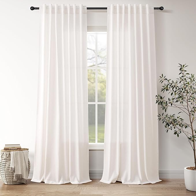 Ivory White Linen Curtains for Living Room 100 Inches Long Light Filtering Semi Sheer Curtain Back Tab Rustic Luxury Neutral Modern Farmhouse Decor Drapes for Bedroom Dinner Room 52x100, 2 Panels