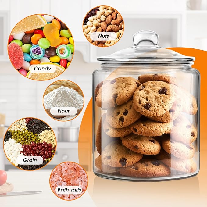 Masthome 1 Gallon Glass Cookie Jar with Airtight Lid, Large Clear Glass Storage Canister, Wide Mouth Food Storage Container for Pantry, Kitchen, Flour, Sugar, Pasta, Cookies, Candy, Dog Treats