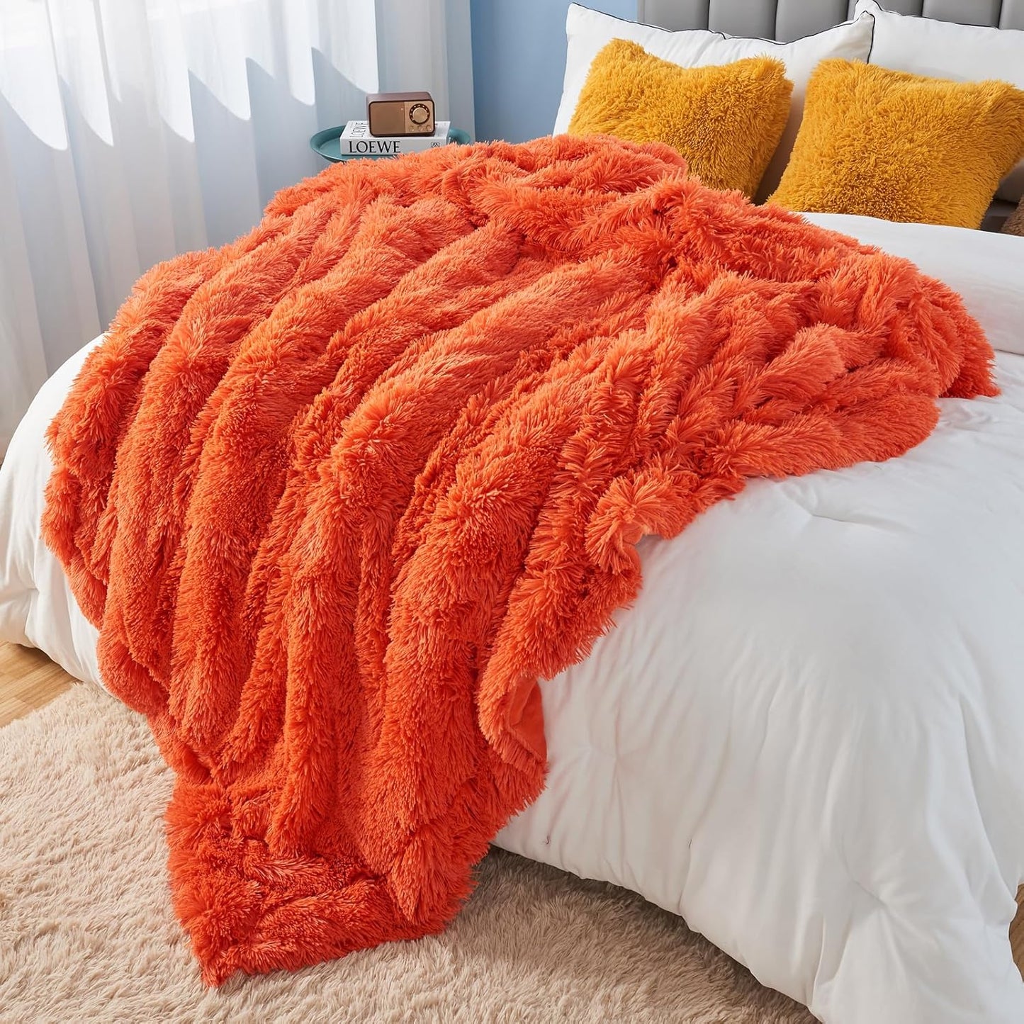 GONAAP Fuzzy Faux Fur Throw Blanket Queen Size Orange Super Soft Cozy Plush Fuzzy Shaggy Blanket for Couch Sofa Bed (Orange, Queen(90"x90"))