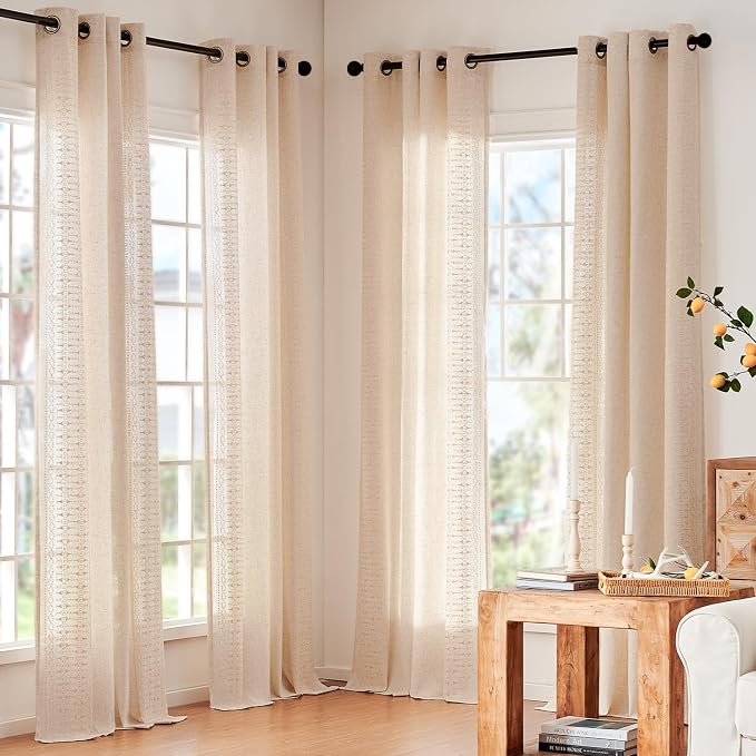 jinchan Boho Curtains for Bedroom Linen Blend Boho Curtains 96 Inches Long 2 Panels Farmhouse Embroidered Drapes for Living Room Drapes Light Filtering Grommet Window Traetments Ivory on Beige