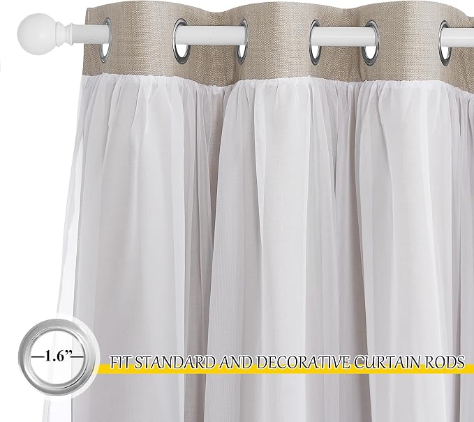 NICETOWN Dual Layers Grommet Top Mix and Match Faux Linen Curtains with White Sheer Voile for Living Room Bedroom, Kids Curtains for Nursery, 52x84 Inch Long, Set of 2 Panels, Angora