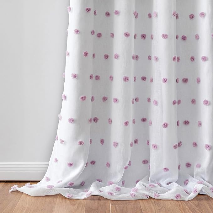 MEETSKY 100% Blackout Curtains for Girls Bedroom 63 Inch Length 2 Panels,Full Light Blocking Purple Pom Pom Curtains for Kids Room,Room Darkening Kitchen Window 2 Layered Drapes 52W x 63L