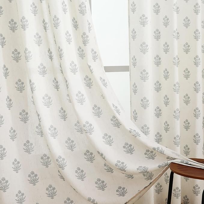 Muted Light Dusty Blue Grey Floral Curtains for Bedroom Living Room, Coastal Soft Botanical Pattern Linen Sheer Floor to Ceiling Curtains, 96 Inch Long 2 Panel Set