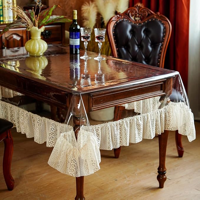 SUTAVIA Clear PVC Tablecloth Lace Ruffle Edge Transparent Oilproof Rectangular Table Protector for Dining Table Kitchen Home Party Outdoor Picnic (Cream Ruffle, Oblong, 60"x84")