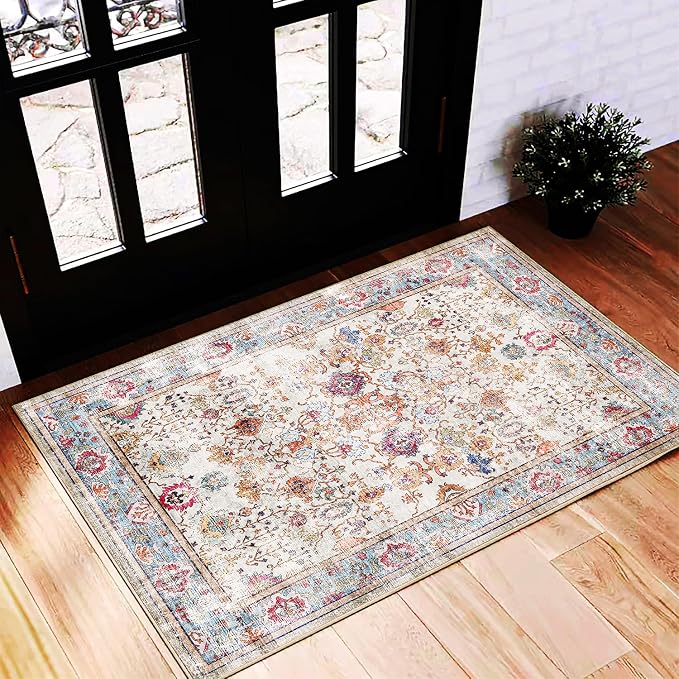 CHAMPLANT Area Rug 2'x3' Washable Rug Door Mat Vintage Distressed Doormat Indoor Entrance Traditional Thin Floral Print Non Slip Carpet for Kitchen Bathroom Bedroom Living Room