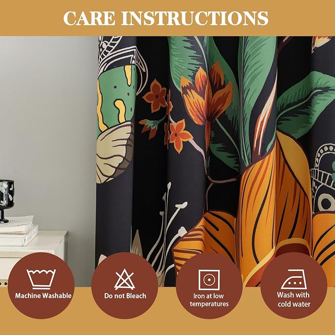 Tyrot Black Boho Floral 100% Blackout Curtains for Bedroom 84 inch Long 2 Panels Vintage Botanical Black Out Curtains for Living Room Grommet Thermal Insulated Room Darkening Window Drapes,52Wx84L