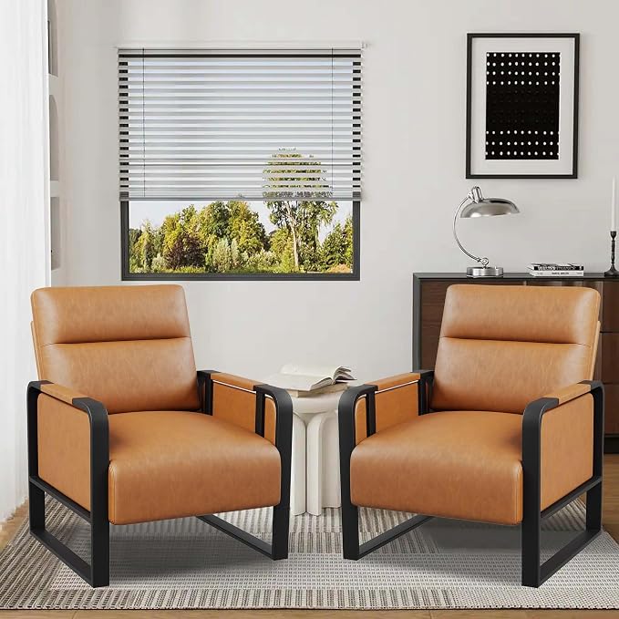 Brown Accent Chair PU Leather Upholstered Armchair with Side Table | Modern Ergonomic Accent Chair for Living Room Bedroom Reading Chair with Side Pocket Corner Chair Office Reception Side Chair
