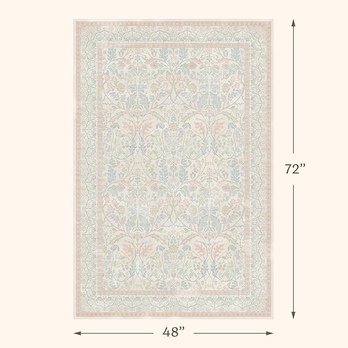 Cottagecore Floral 4x6 Pink and Blue Girls Vanity Rug - Washable Indoor Rugs for Bedroom, Entryway, Kitchen, Pastel Pink Reading Rug for Classroom, Nuresry, Non Skid & Low Pile Soft Carpet