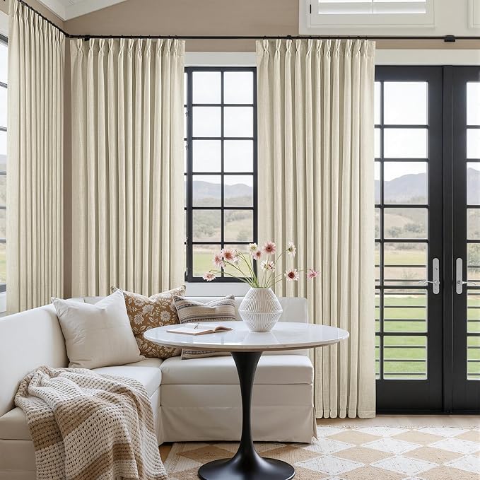 TWODRAPES Pinch Pleated Extra Wide Curtain Panels 90 Inches Long 70 Wide Linen Curtain for Patio Sliding Glass Door Beige Hooks Rings Semi Sheer Privacy 90 Inch Length for Living Room 70x90 1 Panel