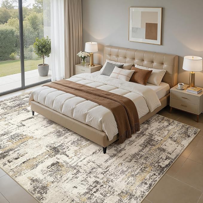Area Rugs for Living Room: 4x6 Abstract Washable Rug Modern Neutral Large Soft Stain Resistant Non-Slip Backing Machine Table for Bedroom Dining Room Indoor Home Office Carpet - Gold Brown