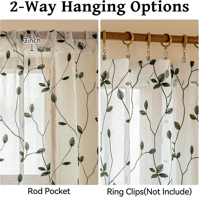 AmHoo 2 Panels Embroidered Leaf Pattern Semi Sheer Curtains Foliage Floral Voile Window Draperies Treatment for Bedroom Living Room Rod Pocket White Olive Green 53 x 63 Inch