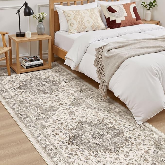 Vintage Hallway Runner Rug 3x12: Large Soft Washable Entryway for Kitchen Laundry Room Non-Slip Backing Runner for Entrance Living Room Bedroom Bathroom - Light Brown