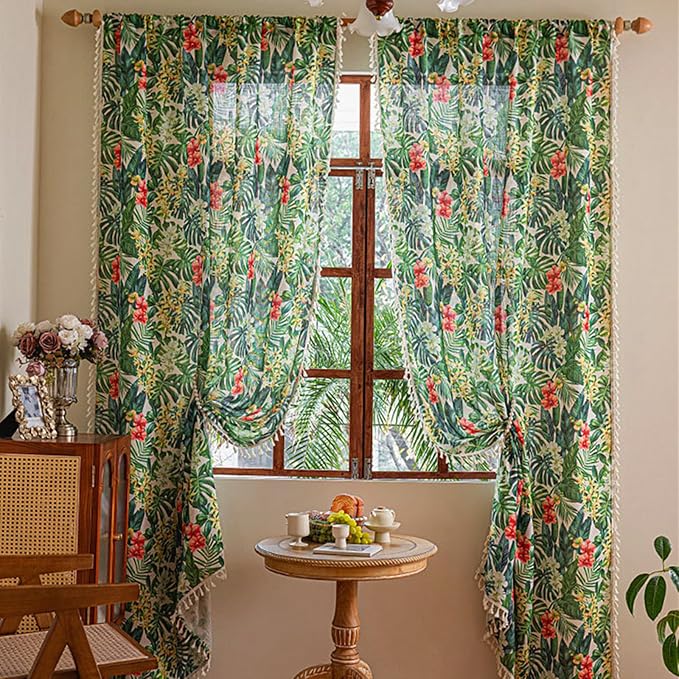 Deeprove Boho Curtains 2 Panels for Bedroom Living Room 84 inches Long Bohemian Light-Filtering Linen Look Leaf Floral Print Farmhouse Aesthetics Privacy Vintage Chic Window Decor 52W x 84L