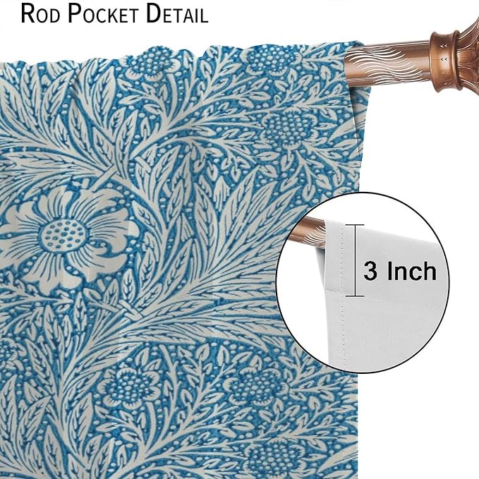 Bohe Vintage Floral Blackout Windows Curtains, William Morris Original Design Blue Flower Pattern Rod Pocket Curtains, for Living Room Bedroom 36(W)*63(L) 2 Panels