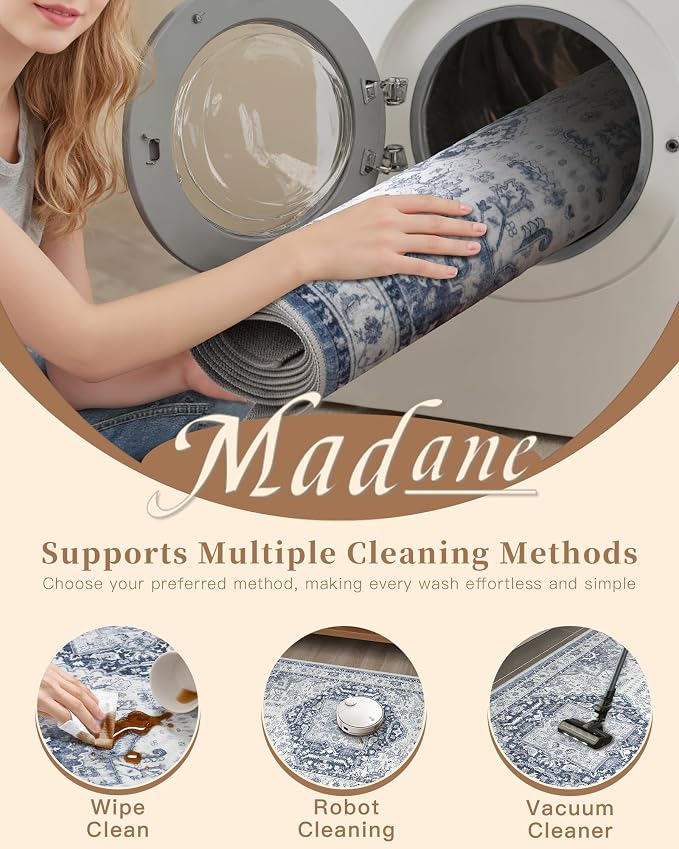 Madane Washable Area Rug 2x3 Small Entryway Rugs Non-Slip, Navy/White | Vintage Stain-Resistant Door Mat Indoor Entrance, Low Pile Floor Carpet for Inside Front Bedroom Kitchen Entry Laundry, Stair