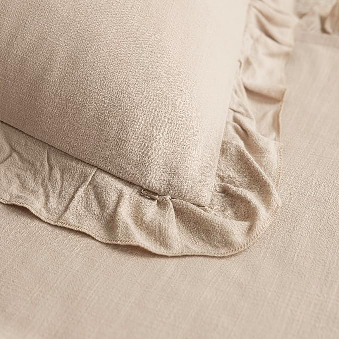 Foindtower Set of 2 Decorative Soild Fringe Ruffle Throw Pillow Covers Soft Boho Farmhouse Cushion Cover Cozy Accent Retro Pillowcase for Couch Sofa Bed Living Room Home Decor,22×22 Inch,Light Tan