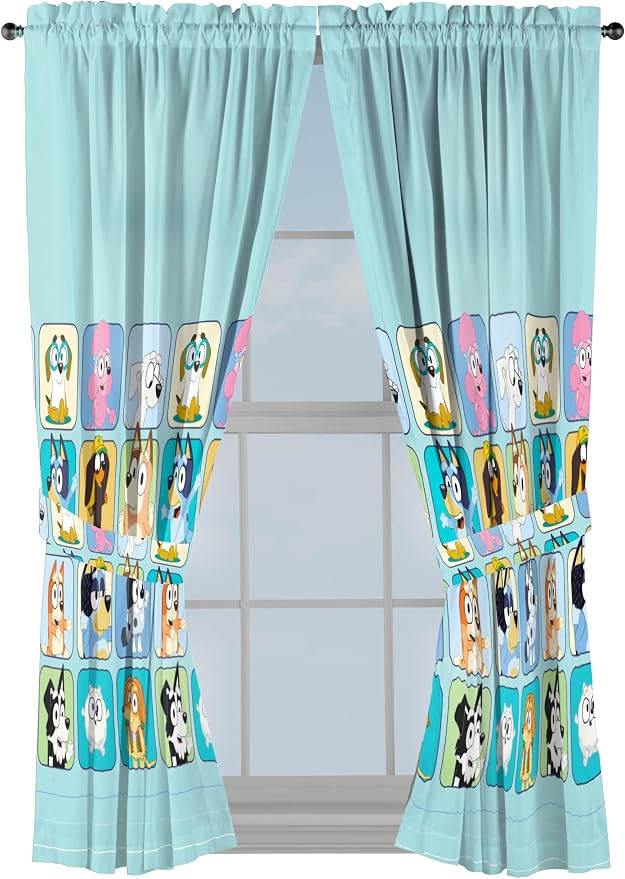 Sunny Side Up Window Curtains for Kids Bedroom 4-Piece Drape Set with 2 Tiebacks, Teal - Bluey, 42" W x 63" L (Pack of 2)