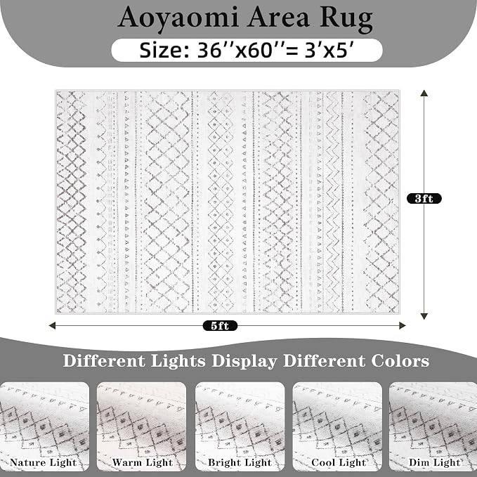 Area Rug 3x5 Geometric Rug: Washable Boho Moroccan Rugs Soft Farmhouse Rug, Modern Neutral Stain Resistant Indoor Floor Carpet for Livingroom Bedroom Dining Table Nursery(Dark Grey,3X5)