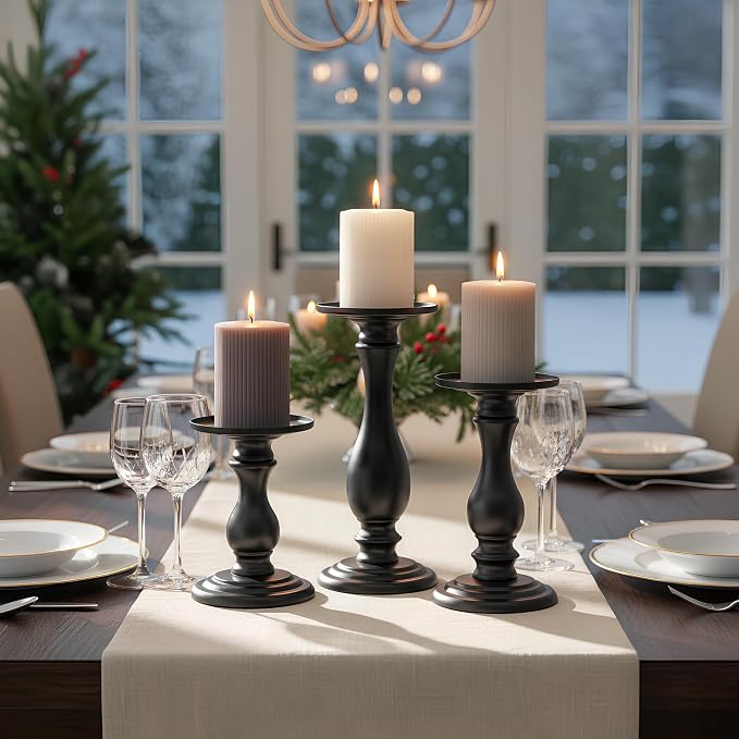 Matte Black Pillar Candle Holders Set of 3, 6/8/10 Inch Metal Stands for 3 or 4 Inch Pillars, Fireplace Mantel Table Centerpiece, Rustic Farmhouse Wedding Decor