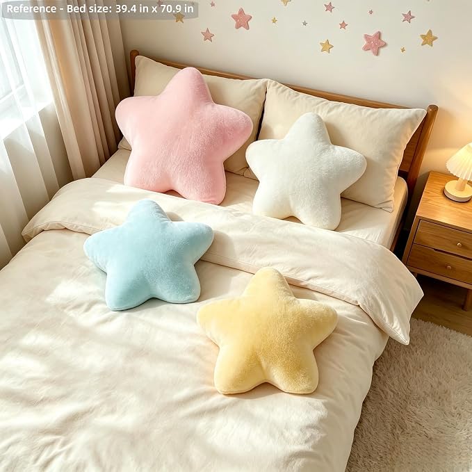 15.4 Inch Star Pillow Cute White Fluffy Decorative Throw Pillows for Couch Bed Sofa, Small Aesthetic Soft Floor Cushions for Living Room Bedroom Decor (Cream White, 15.4" x 15.4")