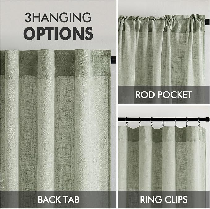 MIULEE Sage Linen Curtains 96 Inch Length 2 Panels for Bedroom Living Room,Green Soft Thick Linen Textured Window Drapes Semi Sheer Light Filtering Back Tab Rod Pocket Burlap Look Decor