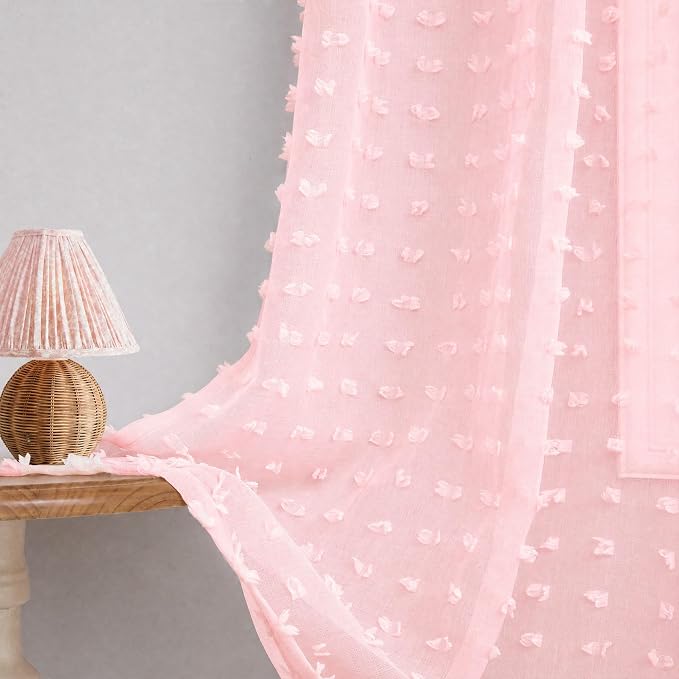 DANCURTON Light Pink Sheer Curtains 90 Inches Long Cute Pom Pom Baby Pink Voile Drapes with Back Tab for Girls Nursery Teen Kids Room Boho Semi Sheer Window Curtains 2 Panels Set for Living Room Decor