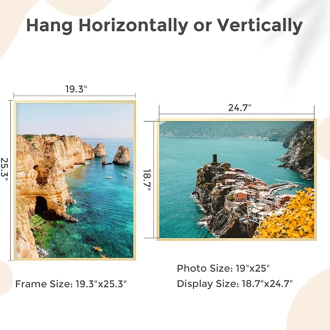 FLYJOE 19x25 Metal Picture Frame - Gold Aluminum Picture Frames with Real Glass, Wall Mounting Horizontally or Vertically, Diploma, Certificates and Decor for Wall Gallery 25x19 Frame, Gold