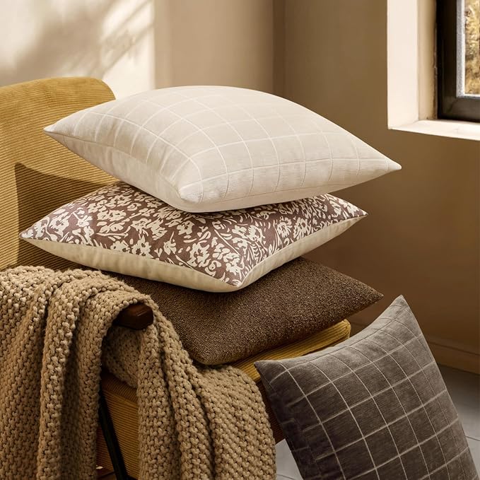 MIULEE Beige Plaid Decorative Throw Pillow Covers 18x18 Set of 2 | Vintage Check Chenille Couch Pillows Neutral Boho Farmhouse Cushion Covers Modern Home Decor for Sofa Bed Living Room