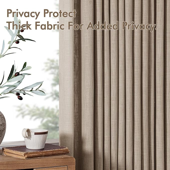 MIULEE Pinch Pleated Thick Linen Curtains 96 Inches Long 2 Panels for Living Room Bedroom, Memory Trained Pleat Drapes Light Filtering Grey Beige Semi Sheer Window Curtains Hooks Rings Back Tab