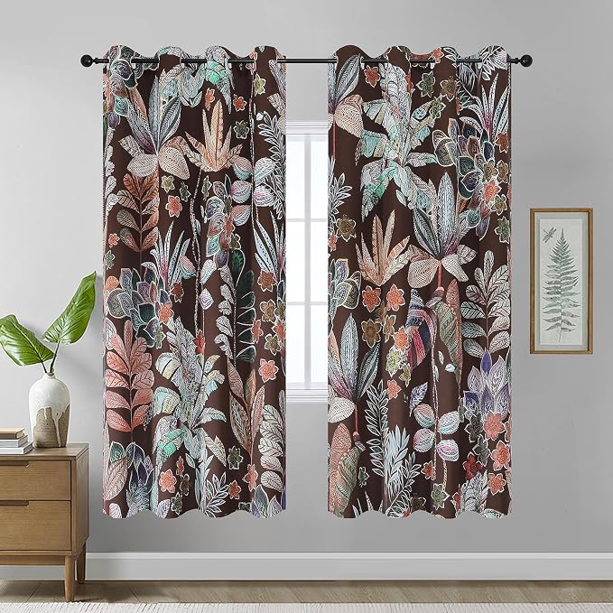 Estelar Textiler Brown Boho Leaves Printed Blackout Curtains 72 inch Length 2 Panels Set,Farmhouse Room Darkening Thermal Insulated Window Grommet Curtains for Bedroom Living Room,52Wx72L