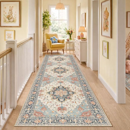 RELEANY Area Rugs Runner 3'x10' Washable Non-Slip, Floral Vintage Distress Medallion Carpet for Kitchen Hallway Bedroom Beside Laundry Room Bathroom, Beige Navy Blue Orange Colorful