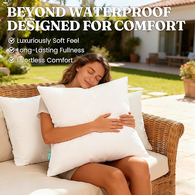 Oubonun 18x18 Waterproof Outdoor Pillow Inserts – Pack of 4 Firm & Fluffy, Water Resistant Throw Pillows for Patio, Garden, Porch, or Indoor Decorative