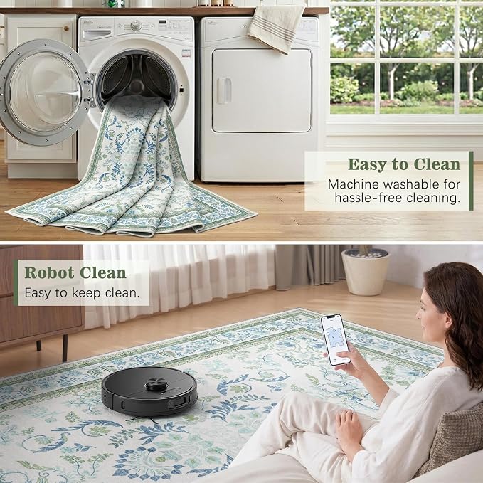 DCX Area Rug 6x6 Botanical Floral Washable Rugs in Green and Blue Soft Non Slip Low Pile Stain Resistant Round Carpet for High-Traffic Areas Bedroom Kitchen Dining Room
