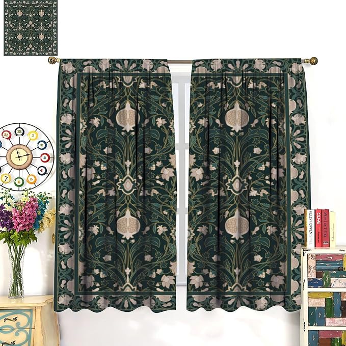 William Morris Floral Blackout Curtains, Vintage Plant Art Flower Green Leaves Boho Window Drapes, for Living Room Bedroom 63" W X 72" L
