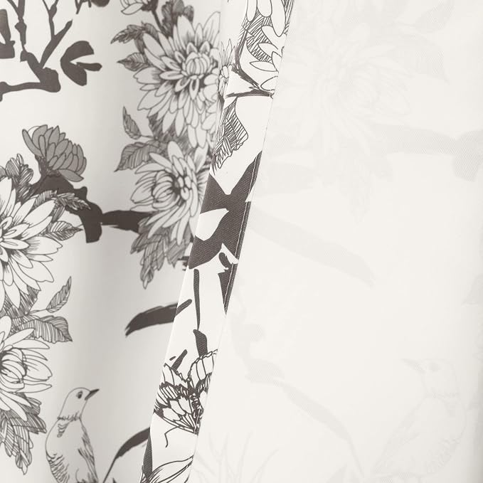 Lush Decor Botanical Garden Curtains Floral Bird Print Light Filtering Window Panel Drapes Set for Living, Dining, Bedroom (Pair), Gray & White, 52"W x 95L"