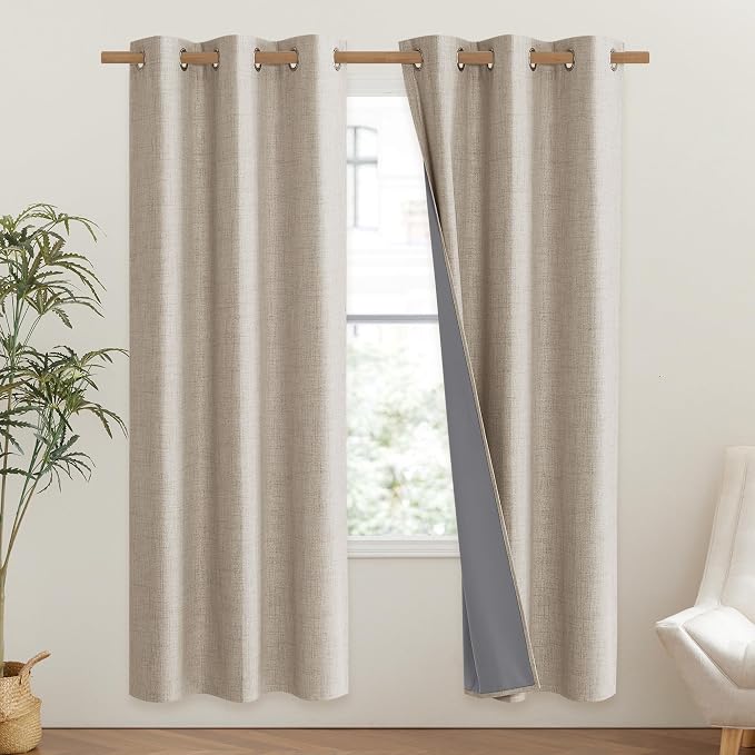 NICETOWN Oatmeal Vintage Open Linen Weave Flax Thermal Curtains, 100% Blackout Curtains 72" Long for Dining Room, Soundproof Window Treatment Drapes for Gym Room, 42" Wide Per Panel, Set of 2