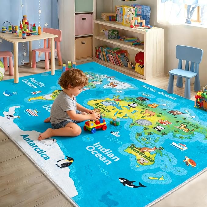 Kids Playroom Rug, 4x5ft World Map Rugs with Cute Animals, Washable Durable Soft Carpet Kid Educational Rugs for Boys Girls Bedroom Nursery Classroom