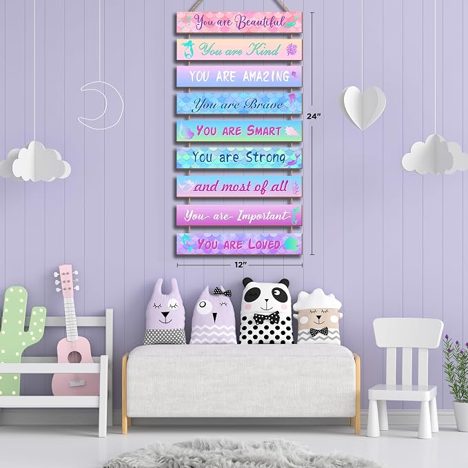 Mermaid Room Decor Set - 9 Pieces, Princess Bedroom Wall Decor, Inspirational Hanging Plaques for Kids & Nursery