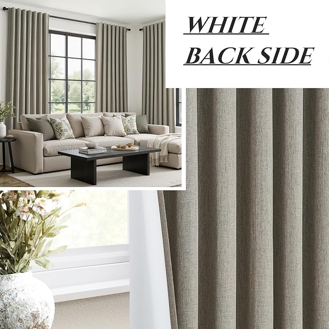 Grey Green Blackout Linen Curtains 84 Inches Long for Living Room/Bedroom, Pleated Window Track Heavy Curtain for winter with Pin Hooks Boho Dark Green Drapes Thermal Insulated (50"Wx84"Lx2Panels)
