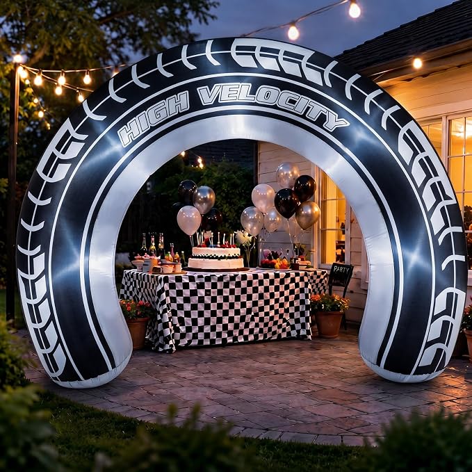 Jenaai 8ft Giant Car Tire Inflatable Arch Blow up Yard Decorations with Built-in LED Lights Car Tire Birthday Party Decor for Outdoor Garden Lawn Holiday Celebration