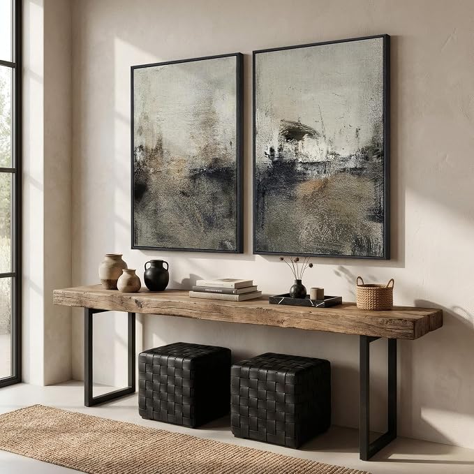 Large Framed Neutral Abstract Wall Art Set of 2 for Living Room, Wabi Sabi Modern Minimalist Black Grey Canvas Artwork for Walls, Rustic Abstract Painting Print Wall Decor for Bedroom Office, 24x36 In