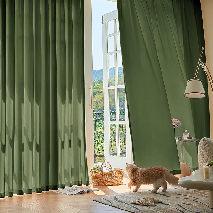 Anmao Non-See-Through Olive Green Privacy Semi Sheer Curtains for Living Room 84 Inch Length 2 Panels Set, Light Filtering That Let Light in Rod Pocket Window Drapes for Bedroom, 52W x 84L, Dark Green