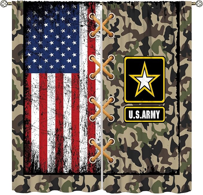 American Flag Curtains,Retro Green Camouflage Military Stars for Kids Boys Girls Bedroom Living Room Decor Window Treatment 2 Panels Set Total Size 42" W X 54" L Inch
