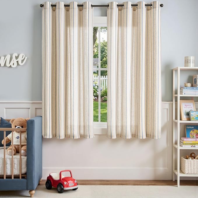 jinchan Linen Curtains 63 inch Blue Stripe for Kids Room Grommet 2 Panels | Kids Curtains for Nursery Living Room Bedroom Baby Boys Room,Cute Colorful Ticking Stripe,Cottagecore Rustic,Light Filtering
