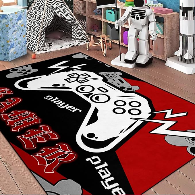 Gaming Rug, Gamer Rugs for Bedroom Boys Player Room Decor, Game Area Rugs for Room, Video Game Carpets Decor for Dining Living Room Mats Black Red, 4'x5'
