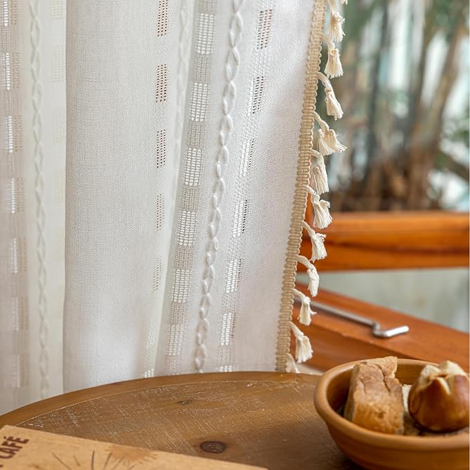 Ivory White Boho sheer curtains 72 inches long 2 Panels for Bedroom, Light Filtering Semi Sheer Bohemian French Country Privacy Tassels Vintage Embroidery Window Curtains Long Stripes Back Tab, 50" W